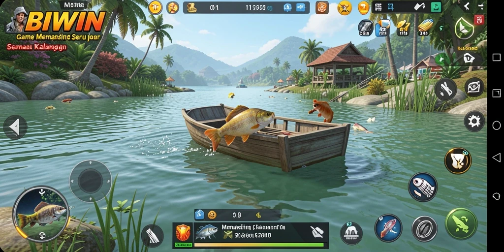 Screenshot gameplay <strong>BIWIN</strong> menampilkan momen seru saat menangkap ikan.