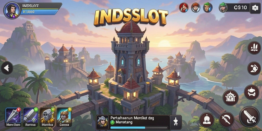 Tangkapan layar gameplay INDSLOT menampilkan pertahanan menara yang strategis.