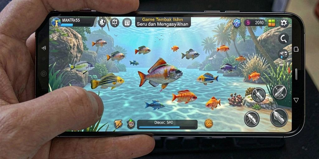 Tangkapan layar gameplay menampilkan aksi tembak ikan yang mendebarkan.