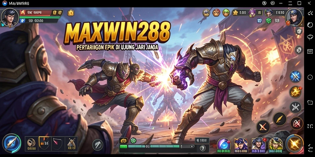 Screenshot gameplay MAXWIN288 yang menampilkan pertarungan intens dan karakter pemenang.