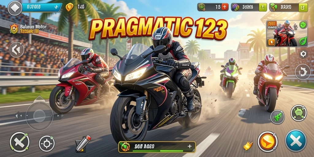 Screenshot gameplay PRAGMATIC123 menampilkan balapan motor yang penuh aksi.