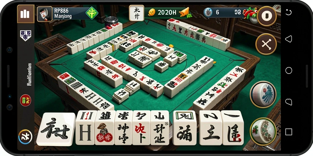 Tampilan gameplay seru dari RP886 yang menampilkan Mahjong klasik.