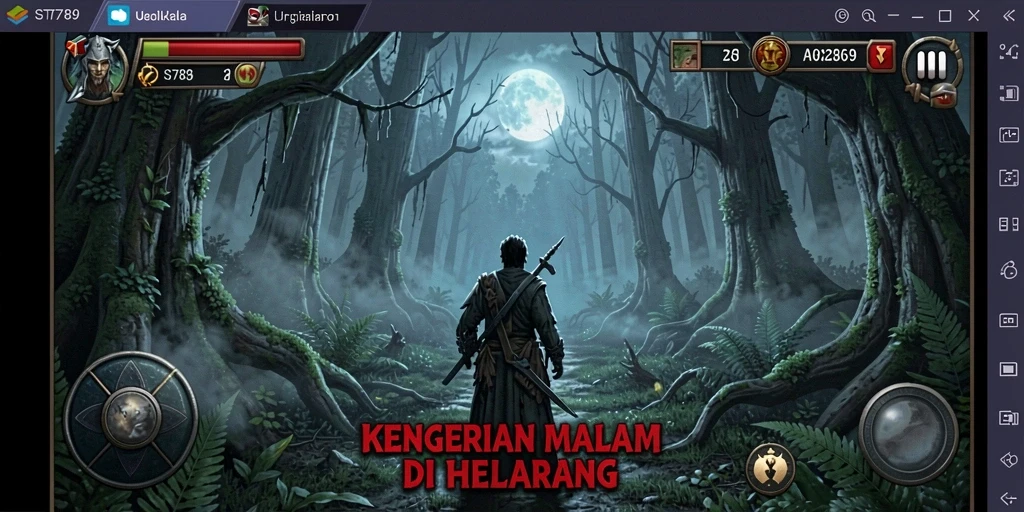 Screenshot ST789 menampilkan suasana gameplay menyeramkan di tengah hutan.
